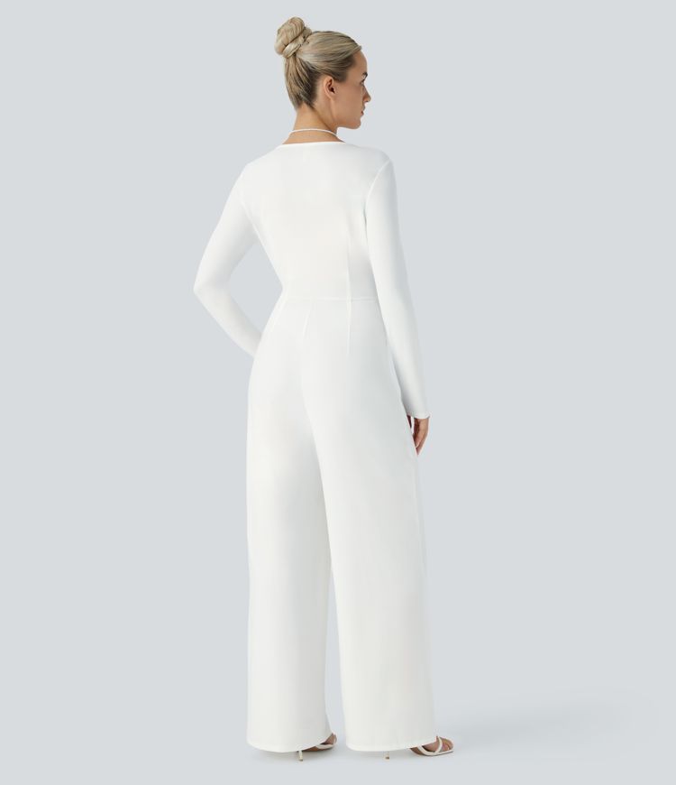 V Neck Long Sleeve Belted Jumpsuit