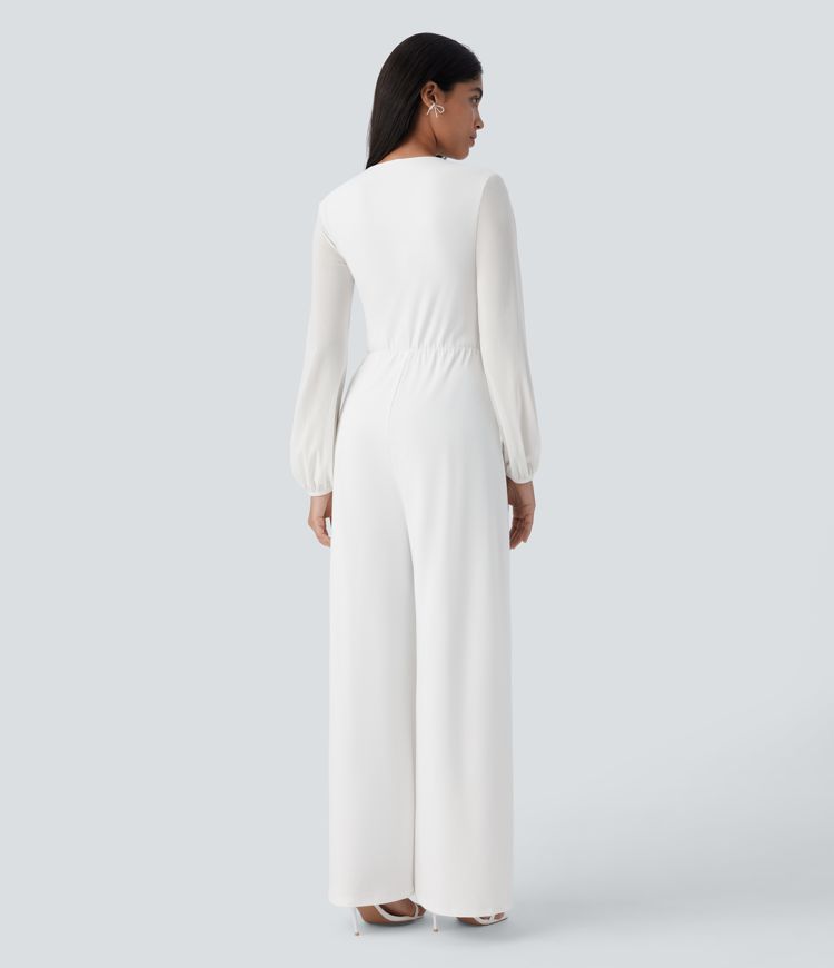 Deep V Neck Contrast Mesh Sleeve Ruched Wide Leg Jumpsuit