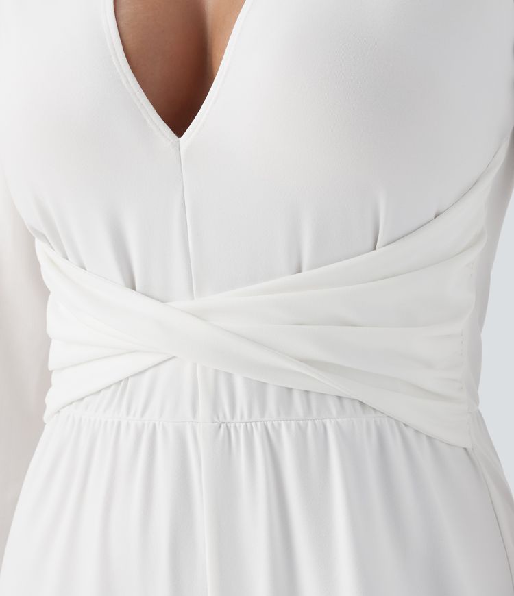 Deep V Neck Contrast Mesh Sleeve Ruched Wide Leg Jumpsuit