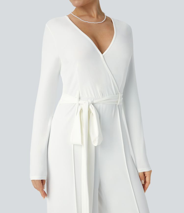 V Neck Long Sleeve Belted Jumpsuit