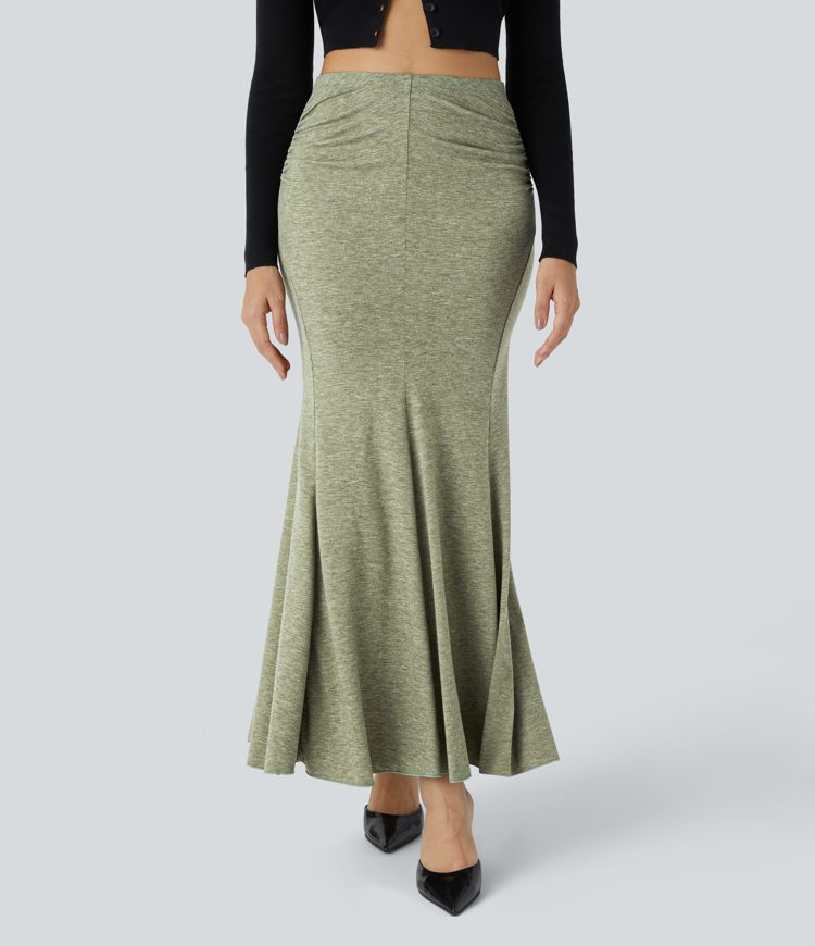 High Waisted Ruched Maxi Casual Mermaid Skirt