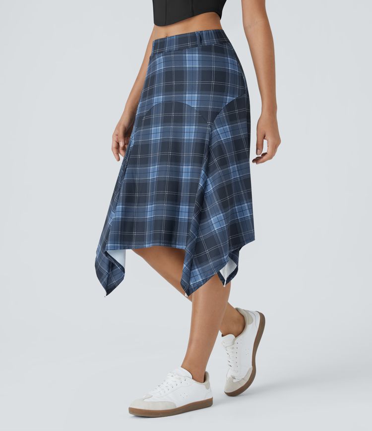 Mid High Waisted Asymmetric Hem Plaid Midi Casual Skirt