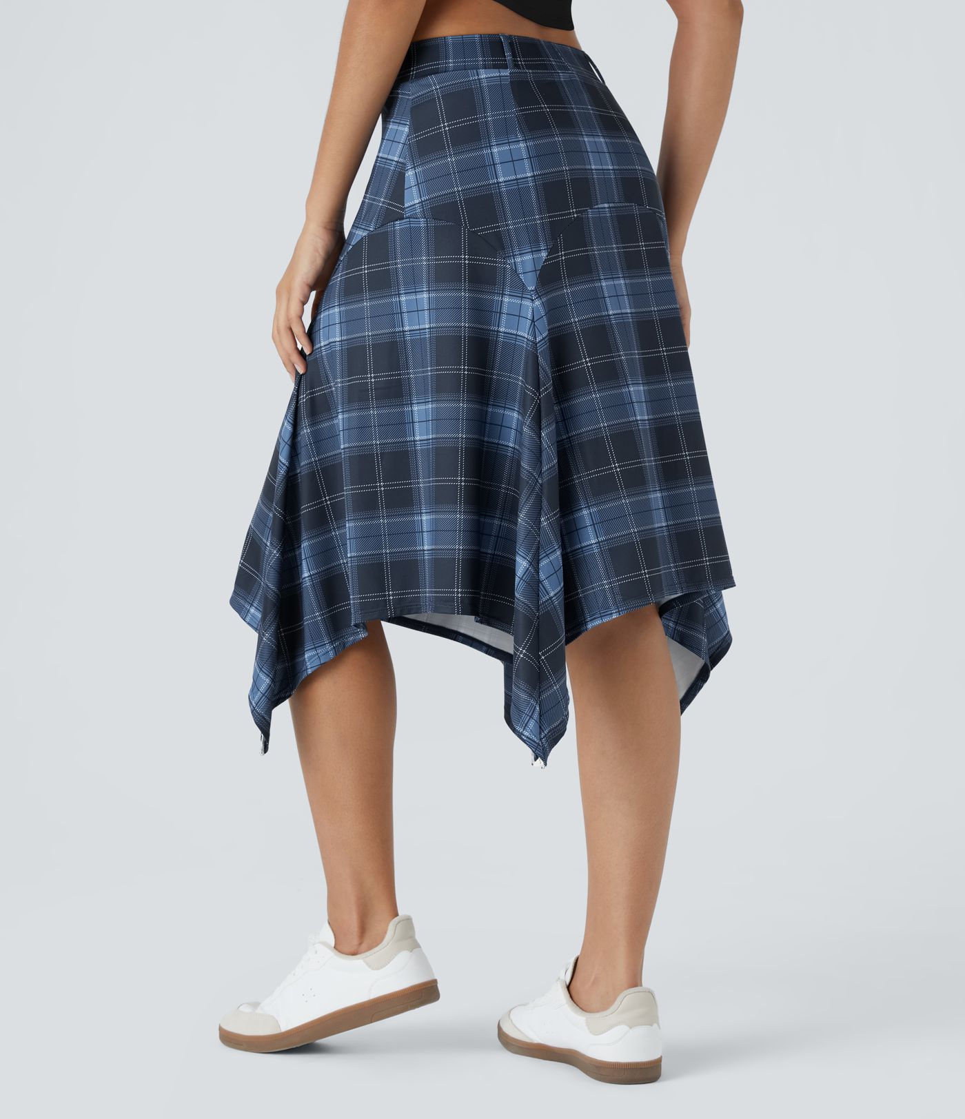Mid High Waisted Asymmetric Hem Plaid Midi Casual Skirt