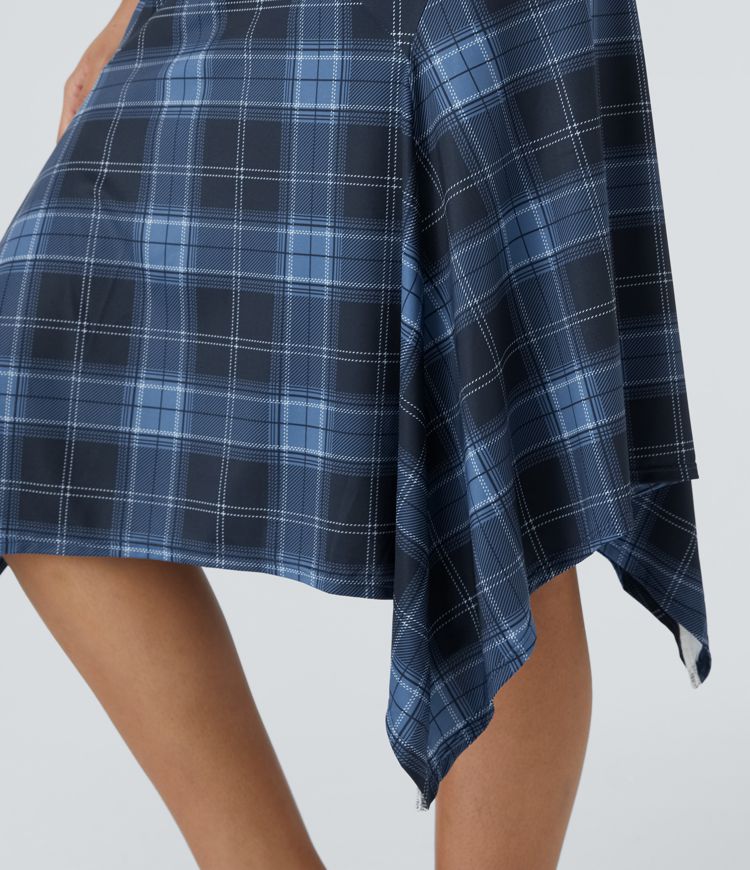 Mid High Waisted Asymmetric Hem Plaid Midi Casual Skirt