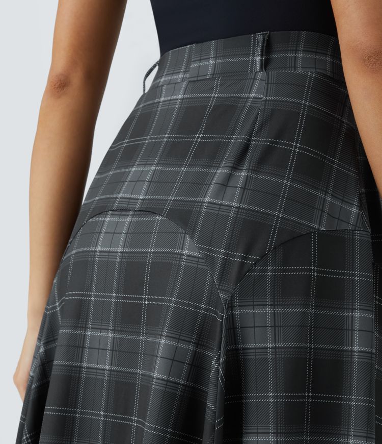 Mid High Waisted Asymmetric Hem Plaid Midi Casual Skirt