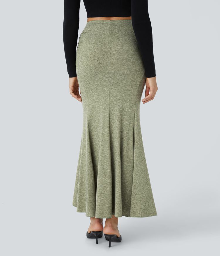 High Waisted Ruched Maxi Casual Mermaid Skirt