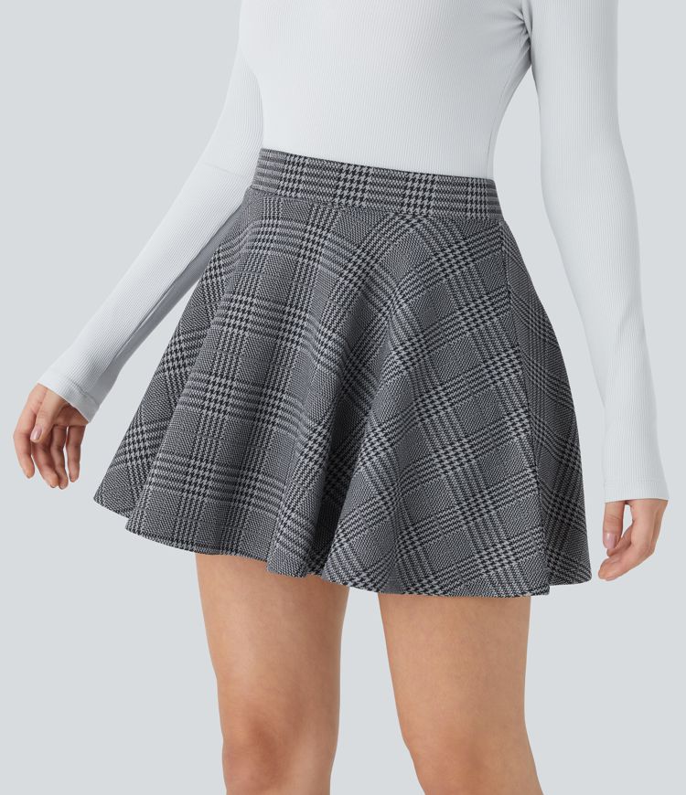 High-waist 2-in-1 checkered flared mini casual skirt
