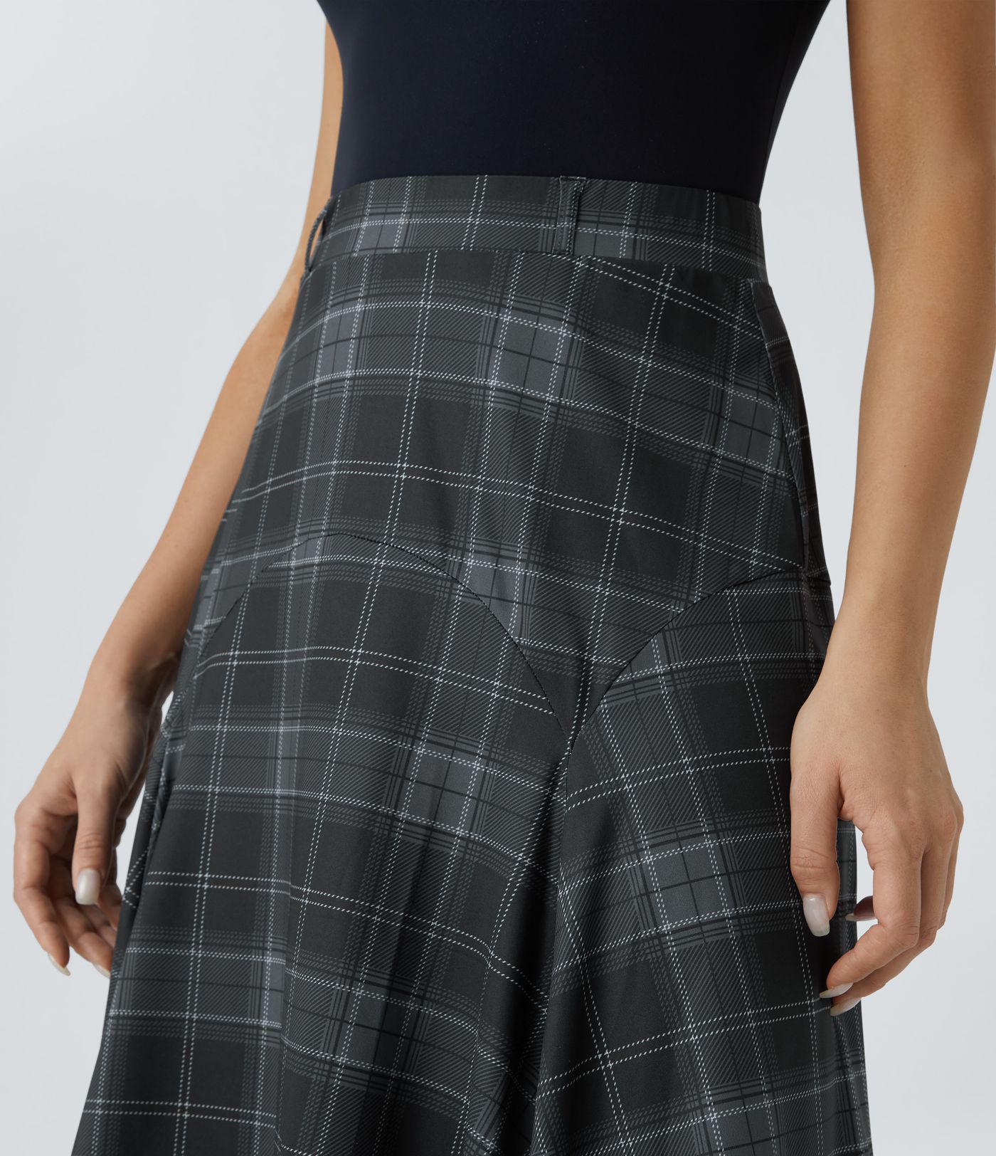 Mid High Waisted Asymmetric Hem Plaid Midi Casual Skirt