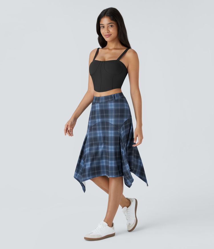 Mid High Waisted Asymmetric Hem Plaid Midi Casual Skirt
