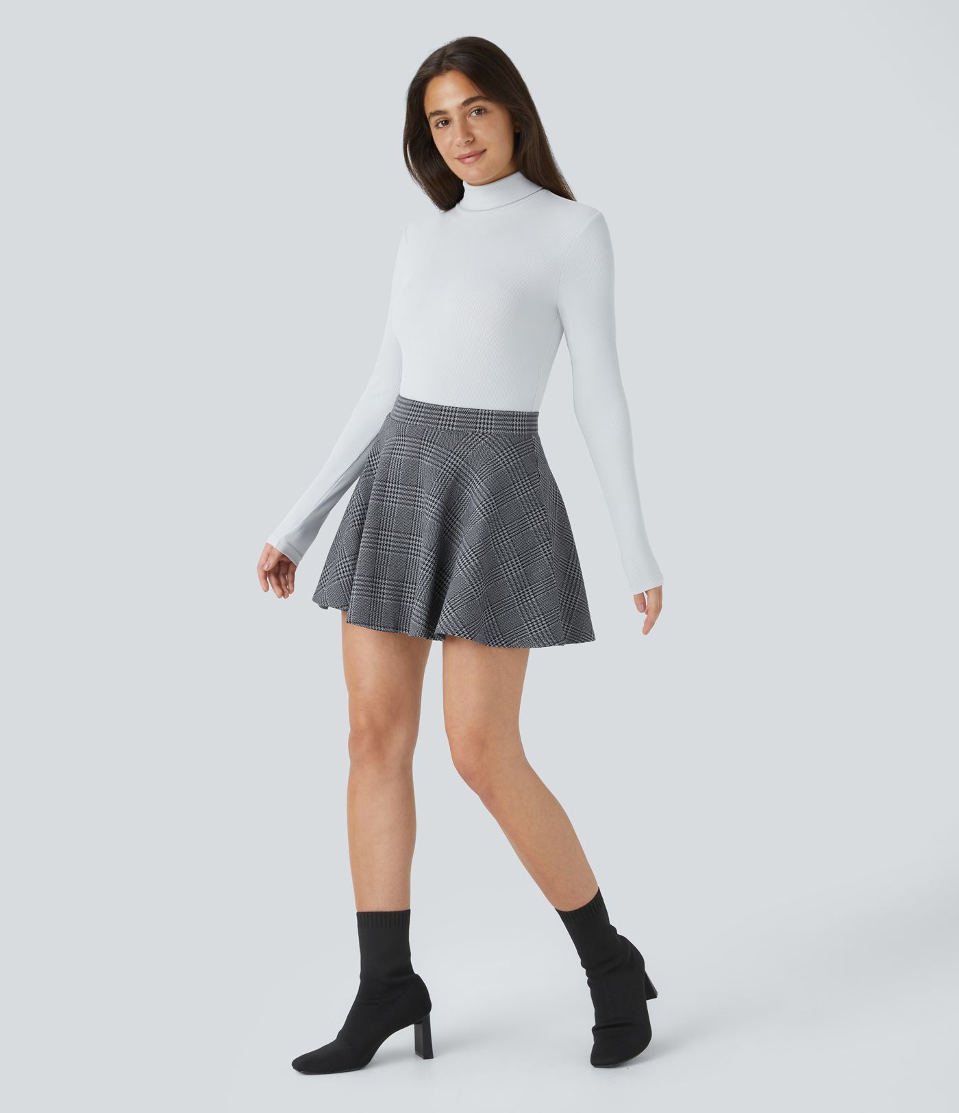 High-waist 2-in-1 checkered flared mini casual skirt