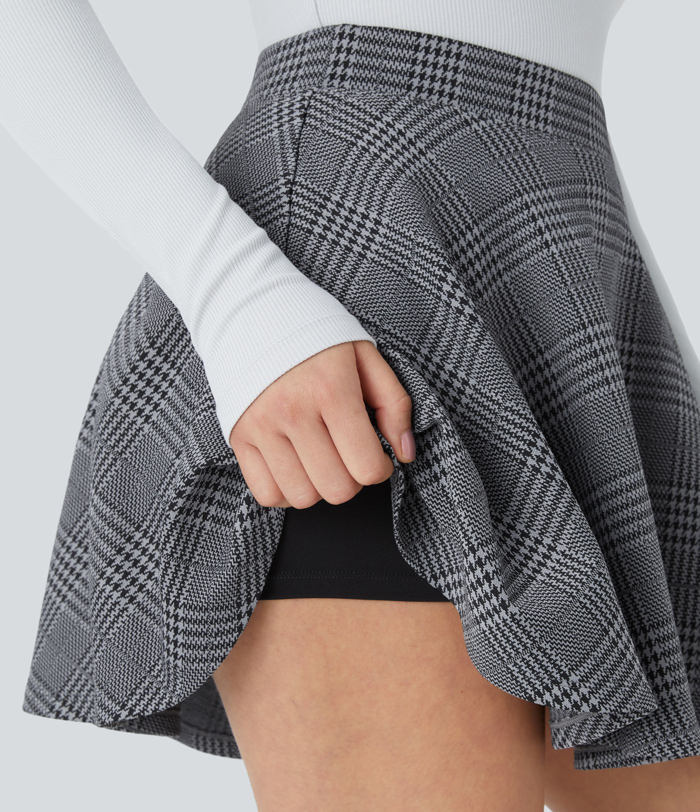 High-waist 2-in-1 checkered flared mini casual skirt