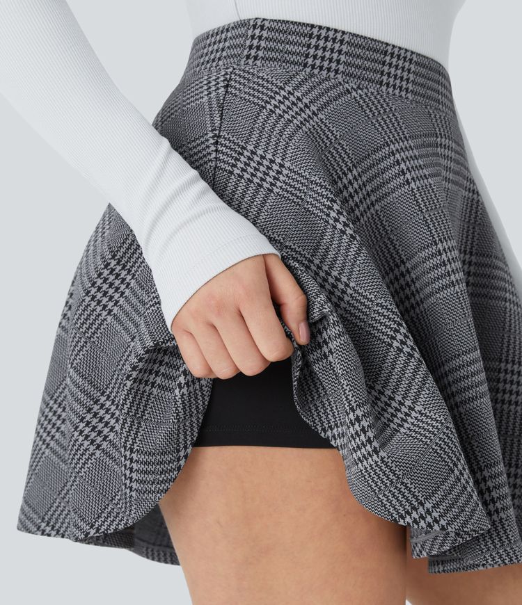 High-waist 2-in-1 checkered flared mini casual skirt