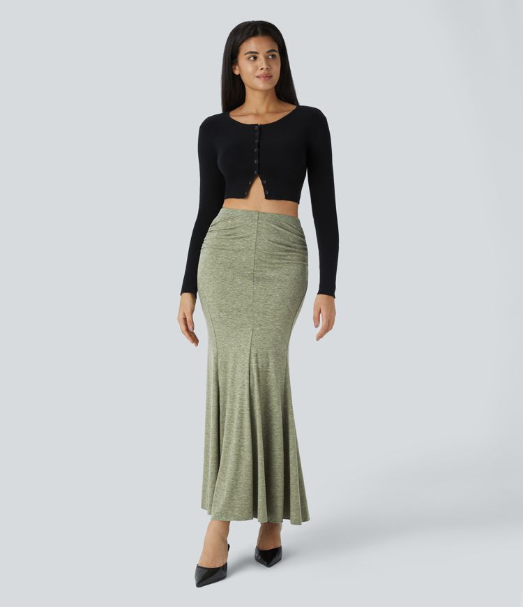 High Waisted Ruched Maxi Casual Mermaid Skirt