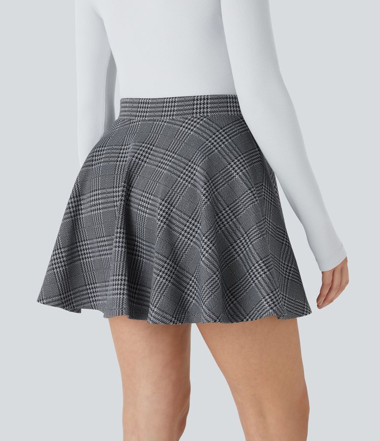 High-waist 2-in-1 checkered flared mini casual skirt