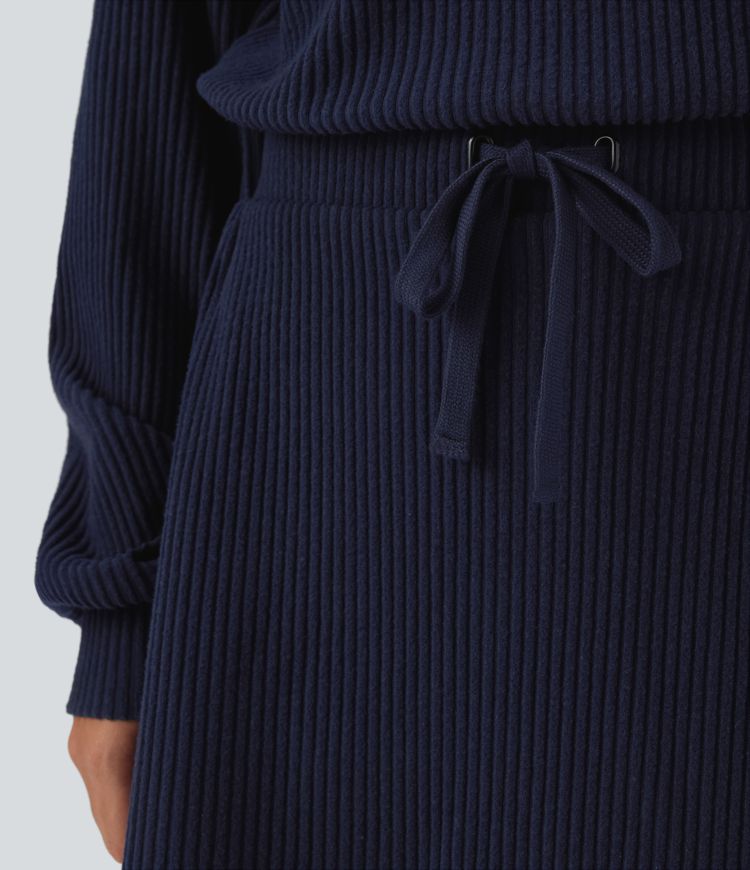 Ribbed Knit Mid Rise Drawstring Split Back Pocket 2-in-1 Mini Casual Skirt
