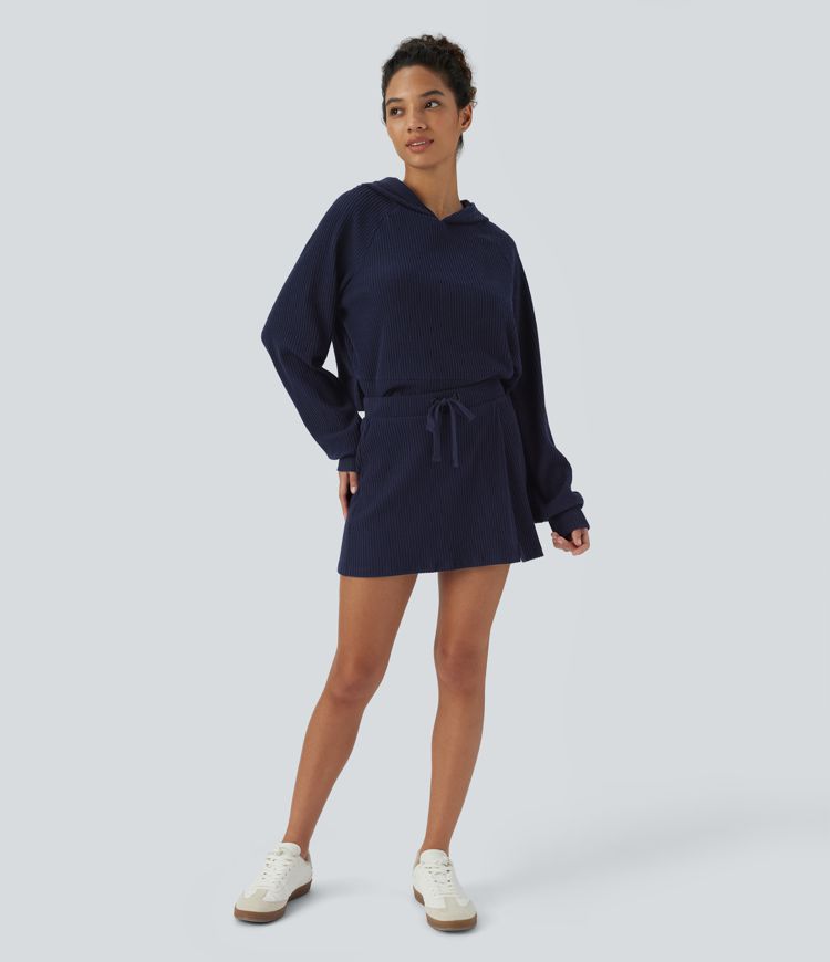 Ribbed Knit Mid Rise Drawstring Split Back Pocket 2-in-1 Mini Casual Skirt