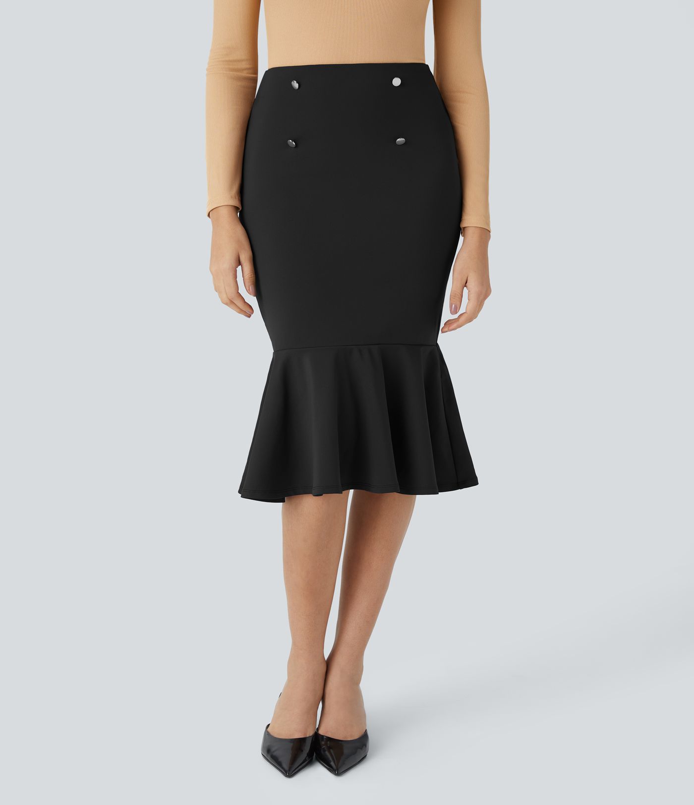 Falda sirena oficina midi dobladillo volante botón decorativo tiro alto