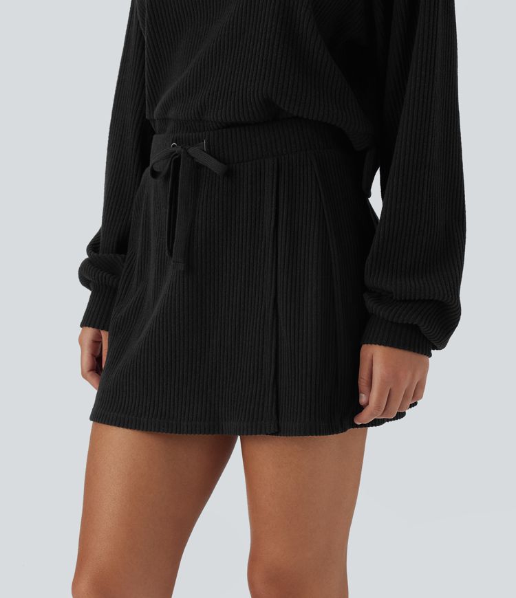 Ribbed Knit Mid Rise Drawstring Split Back Pocket 2-in-1 Mini Casual Skirt