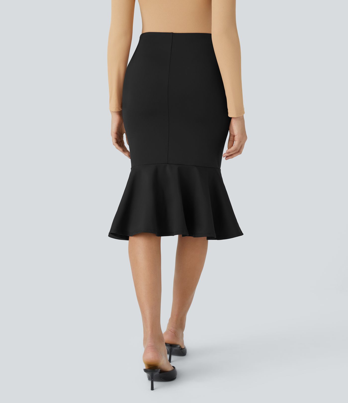 Falda sirena oficina midi dobladillo volante botón decorativo tiro alto