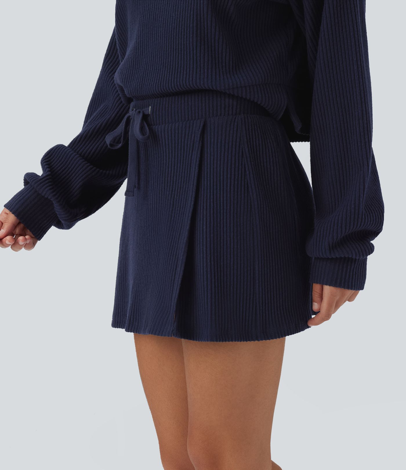 Ribbed Knit Mid Rise Drawstring Split Back Pocket 2-in-1 Mini Casual Skirt