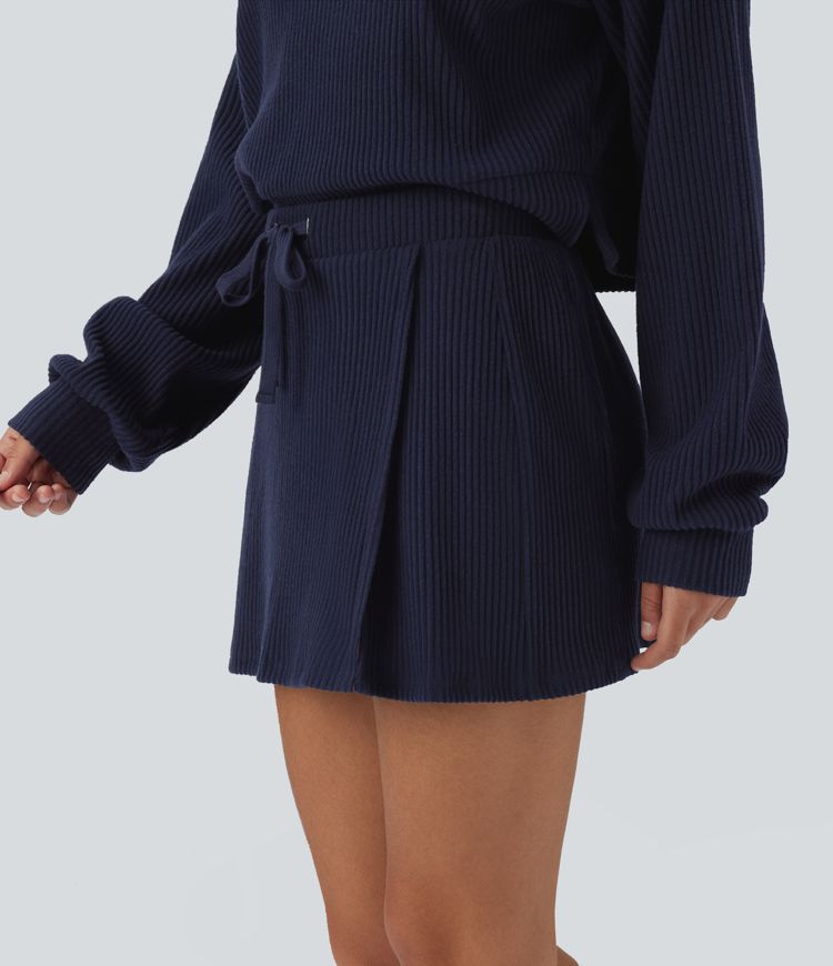 Ribbed Knit Mid Rise Drawstring Split Back Pocket 2-in-1 Mini Casual Skirt
