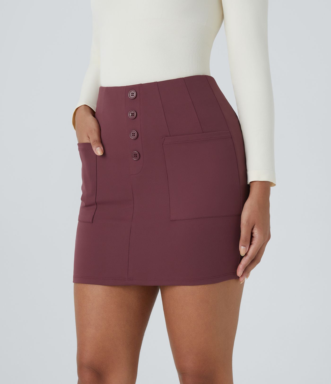 High-waist decorative button front pocket 2-in-1 mini casual skirt