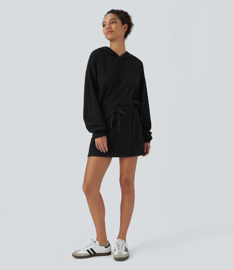 Rib knit mid-rise drawstring split back pocket 2-in-1 mini casual skirt