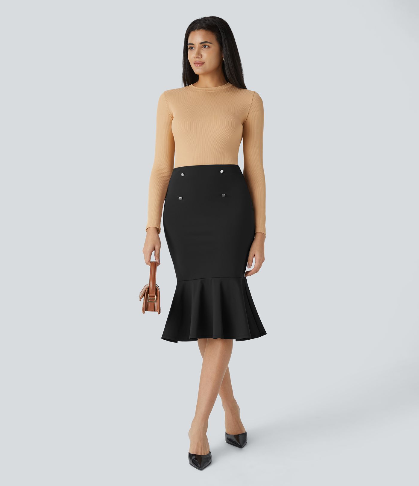 Falda sirena oficina midi dobladillo volante botón decorativo tiro alto