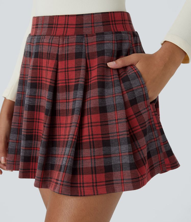 Minifalda plisada cuadro 2 en 1 bolsillo lateral tiro alto