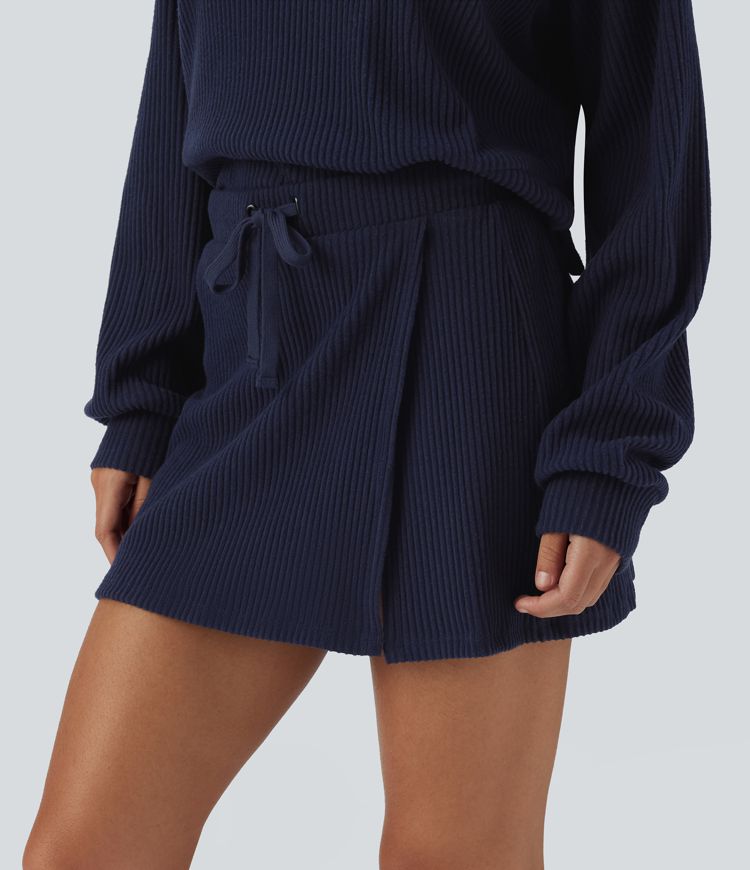 Ribbed Knit Mid Rise Drawstring Split Back Pocket 2-in-1 Mini Casual Skirt