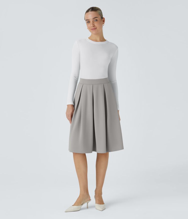 Jupe de travail mi-longue plissée en crêpe à taille haute avec poches latérales