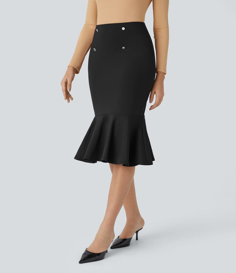 Falda sirena oficina midi dobladillo volante botón decorativo tiro alto