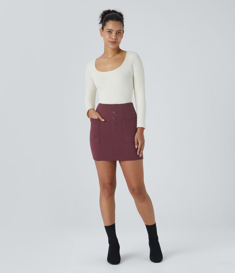 High-waist decorative button front pocket 2-in-1 mini casual skirt