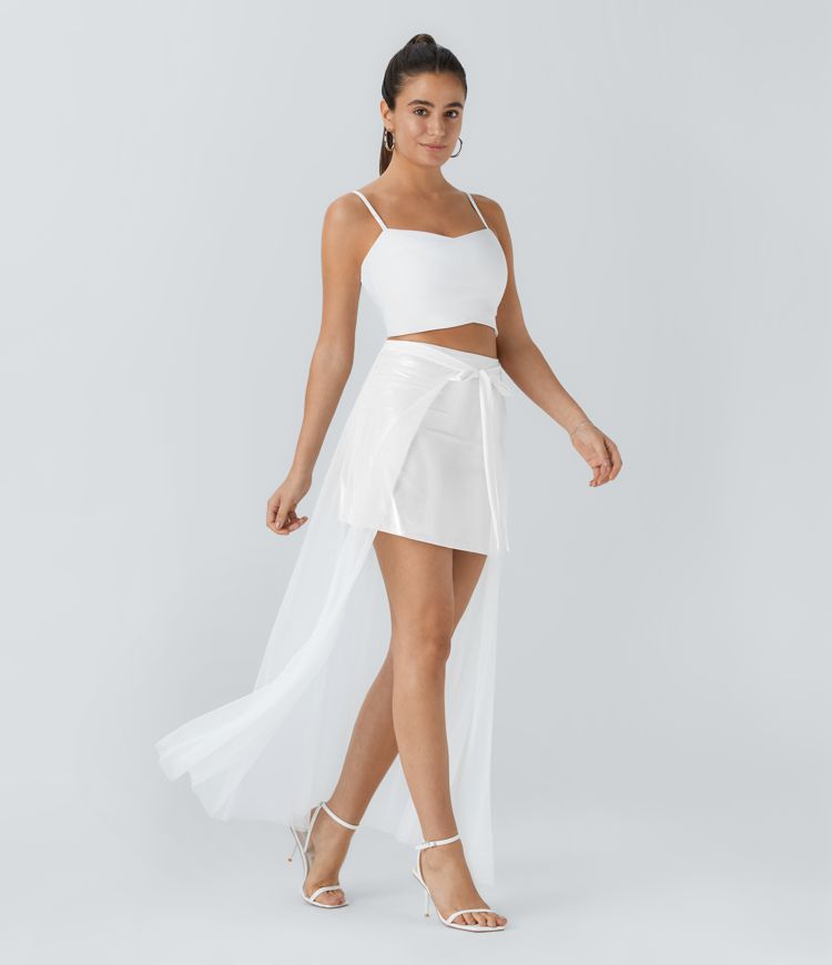 Minifalda fiesta Softlyzero™ Faux elástica 2 piezas estampado metálico metalizado tiro alto malla piel sintética