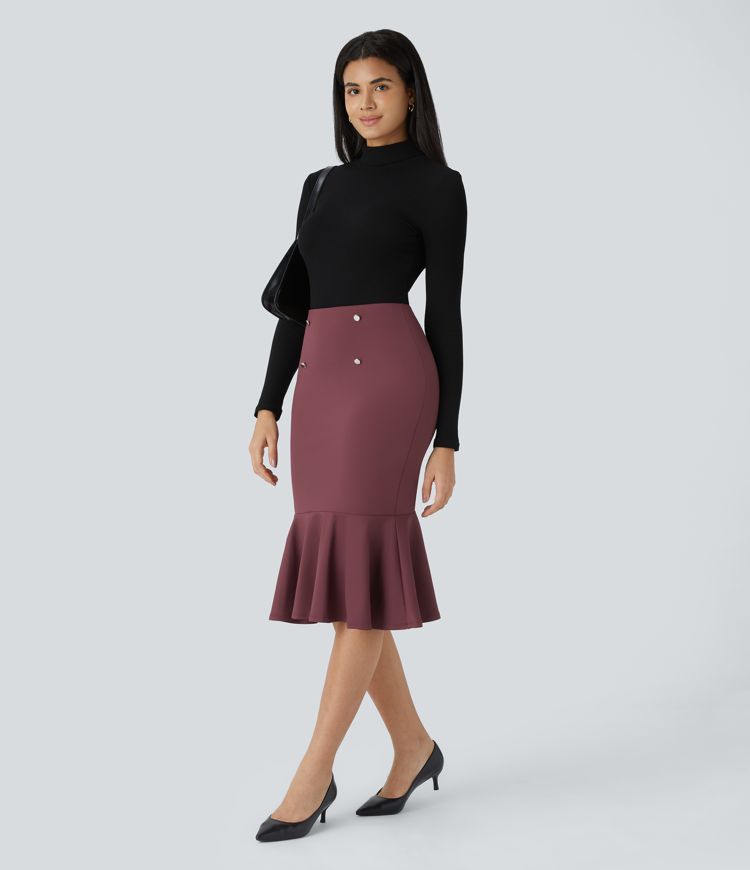 Jupe de travail mi-longue coupe sirène à taille haute, boutons décoratifs et volants