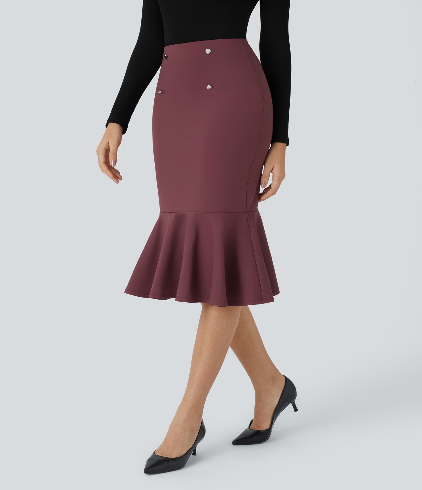 Falda sirena oficina midi dobladillo volante botón decorativo tiro alto