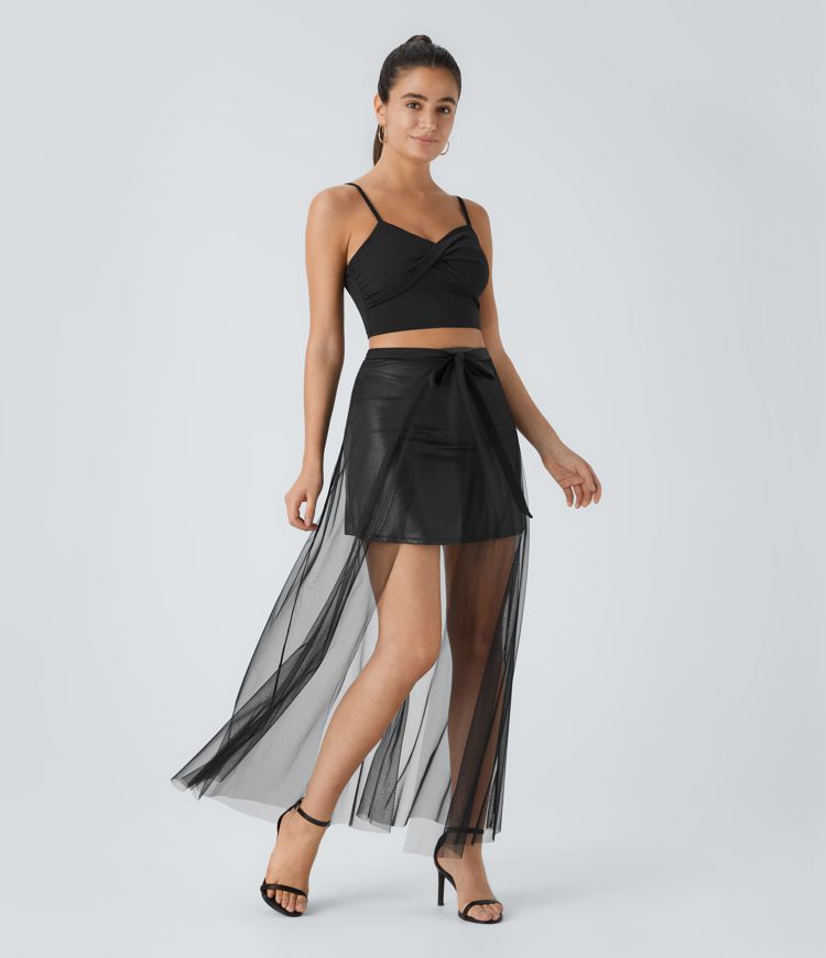 SoftlyZero™ Faux Leather Mesh High Waisted A Line Sparkle Foil Print Stretchy 2-Piece Mini Skirt