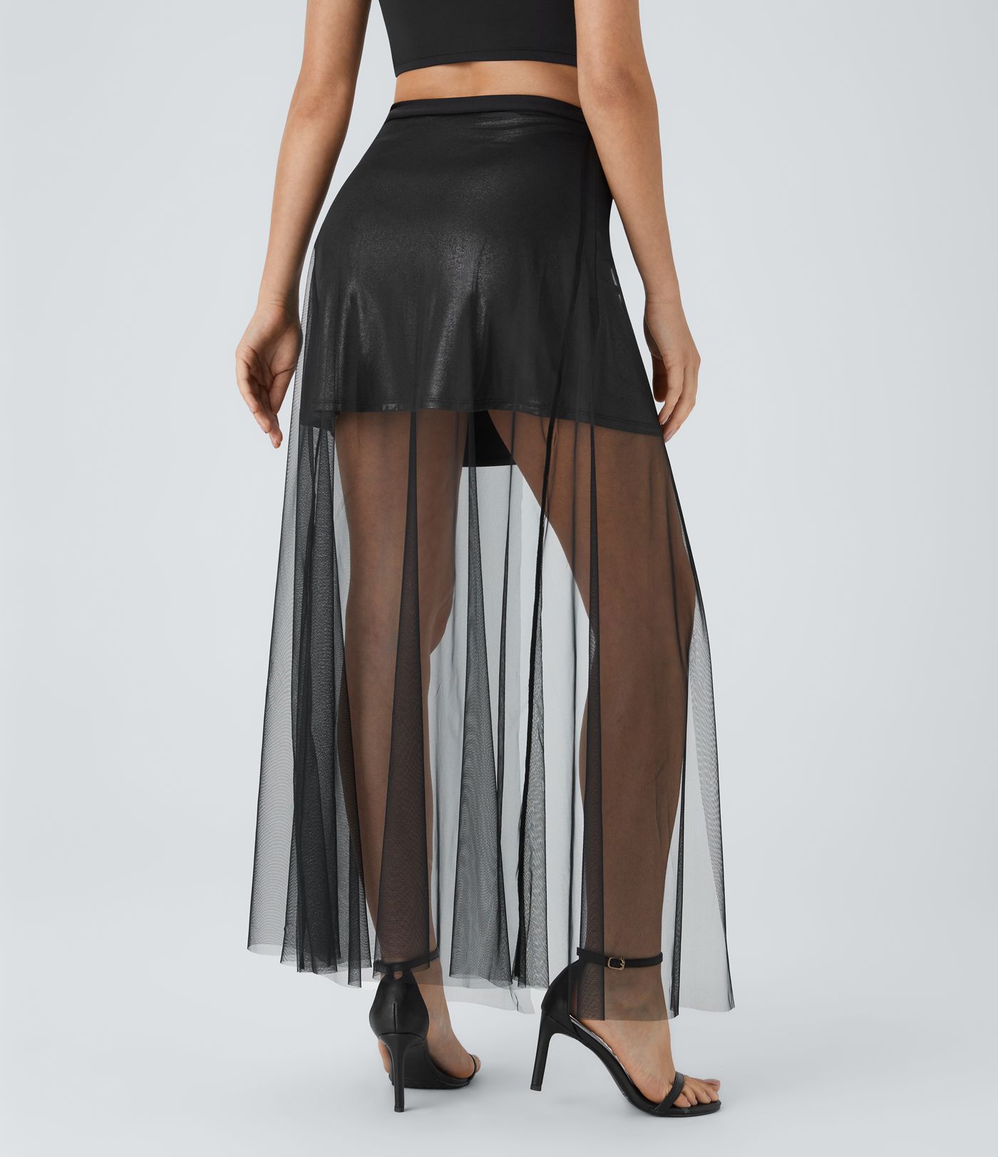 SoftlyZero™ Faux Leather Mesh High Waisted A Line Sparkle Foil Print Stretchy 2-Piece Mini Skirt
