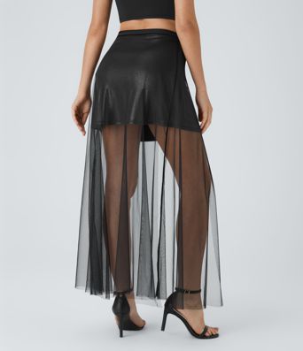 SoftlyZero™ Faux Leather Mesh High Waisted A Line Sparkle Foil Print Stretchy 2-Piece Mini Skirt