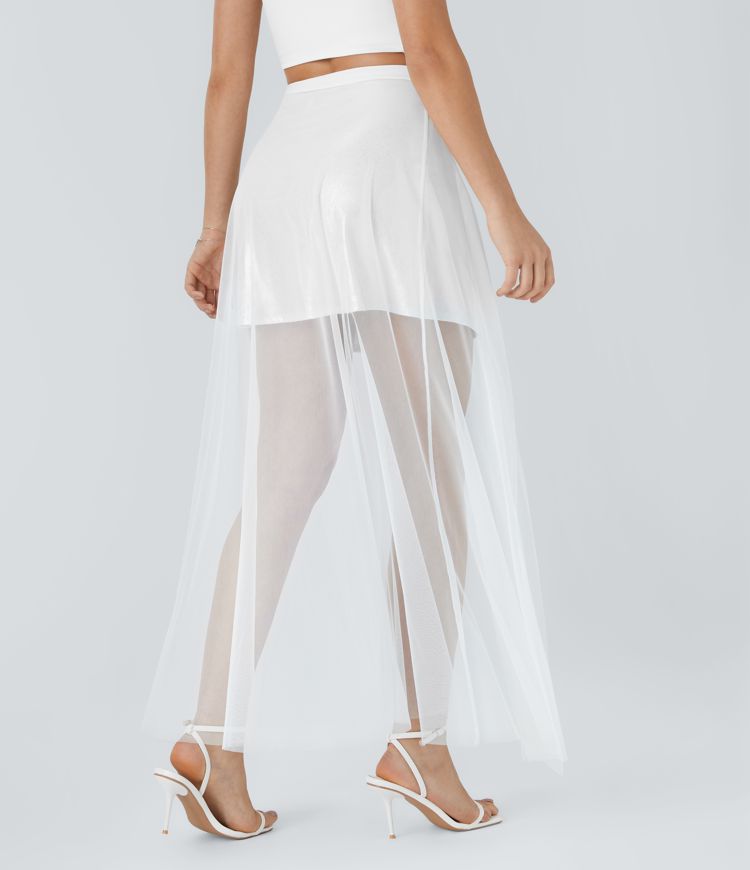 Softlyzero™ Faux Leather Mesh High Waisted A Line Metallic Foil Print Stretchy 2-Piece Mini Party Skirt