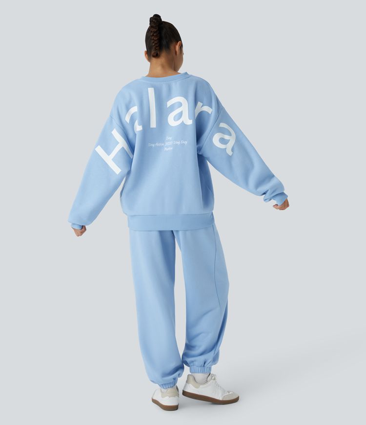 Halara Letter Embroidery Contrast Rib Oversized Fleece Casual Sweatshirt