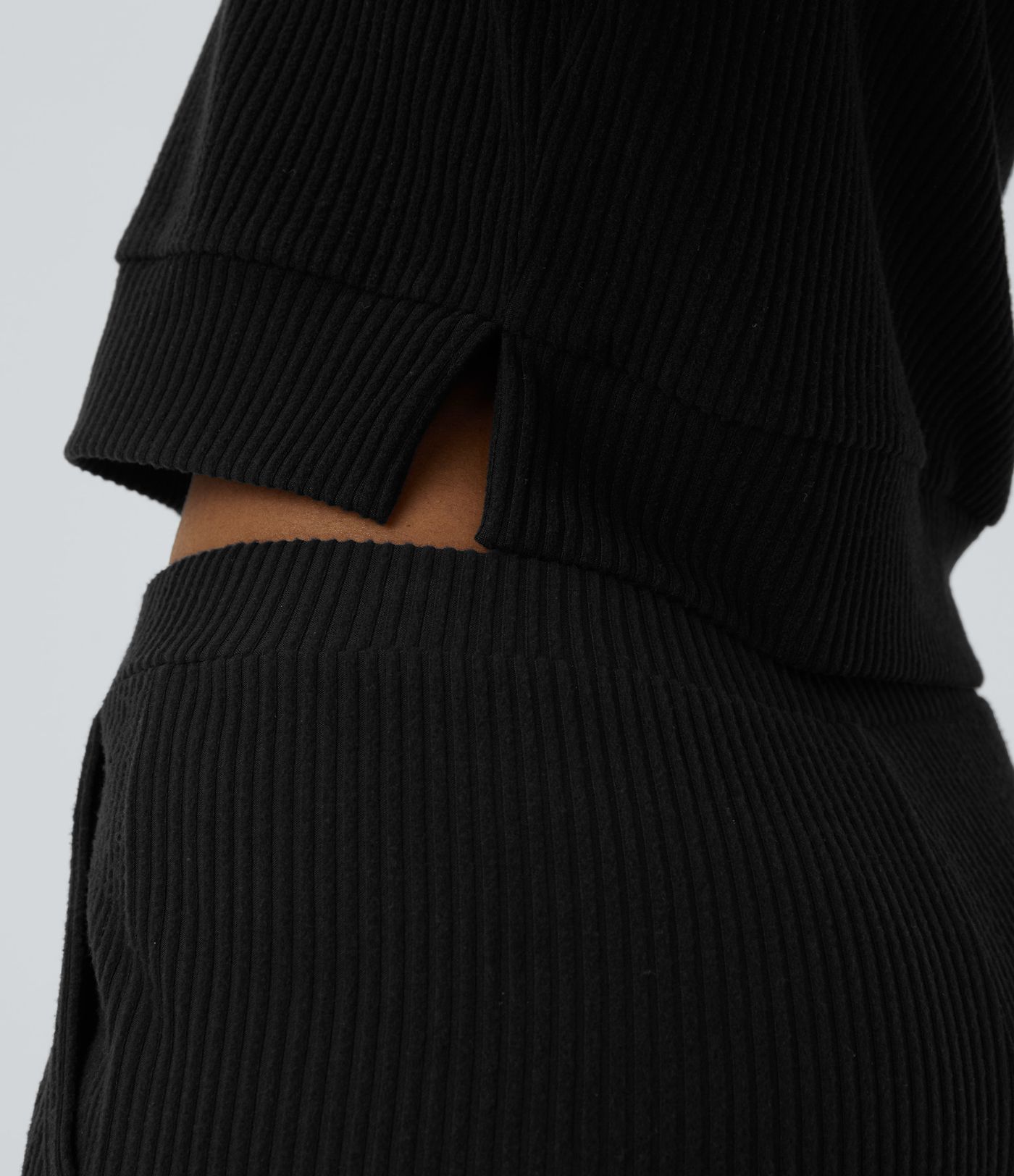 Ribbed Knit Hooded Long Sleeve Split Casual Sweatshirt