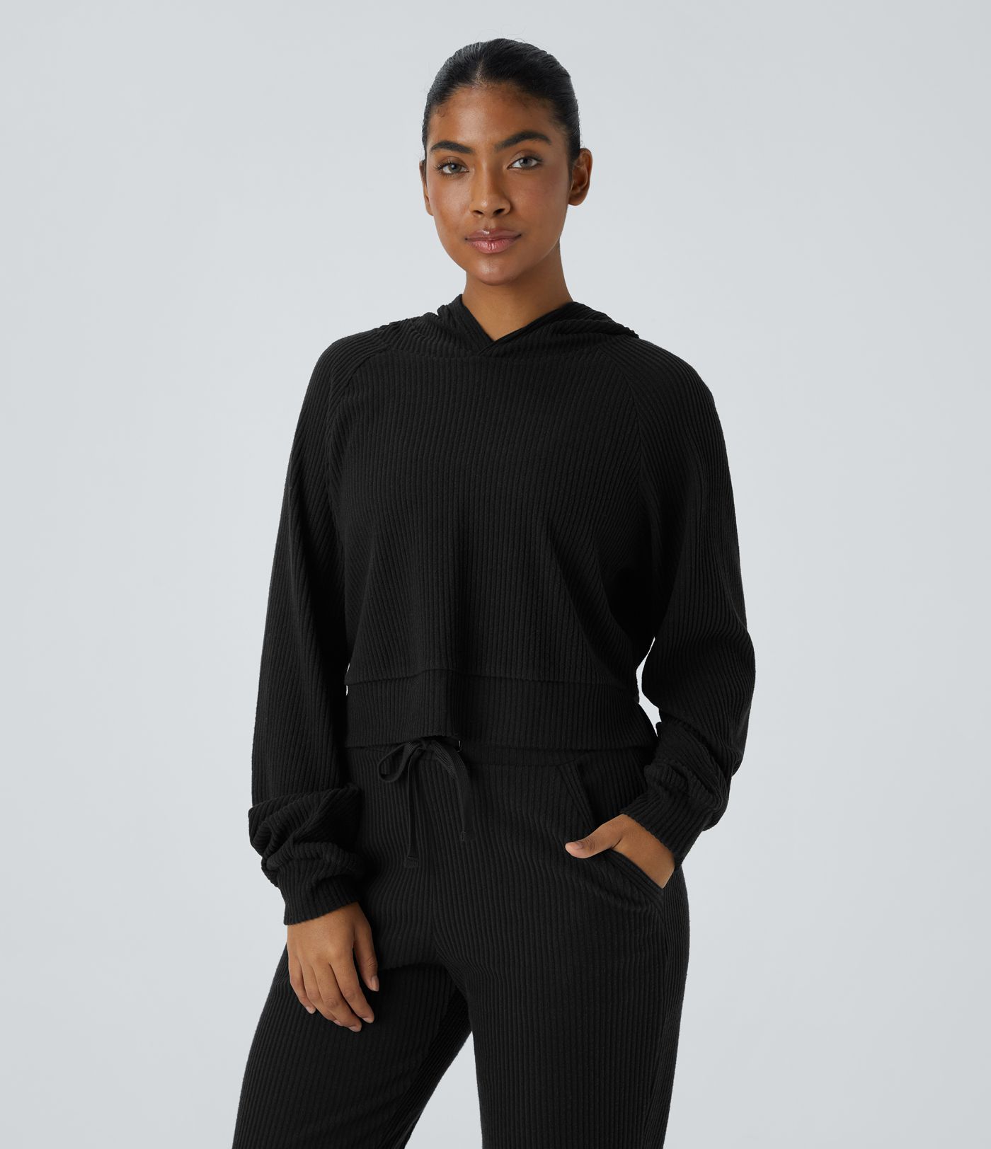 Ribbed Knit Hooded Long Sleeve Split Casual Sweatshirt