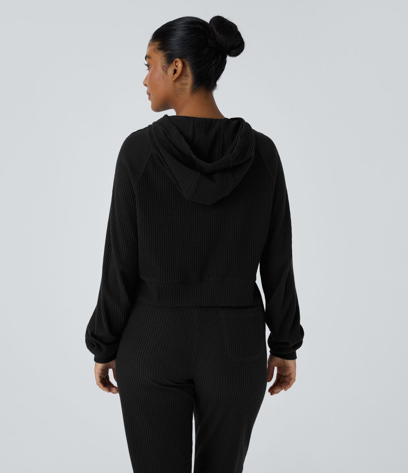 Ribbed Knit Hooded Long Sleeve Split Casual Sweatshirt