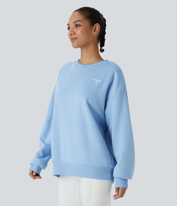 Halara Letter Embroidery Contrast Rib Oversized Fleece Casual Sweatshirt