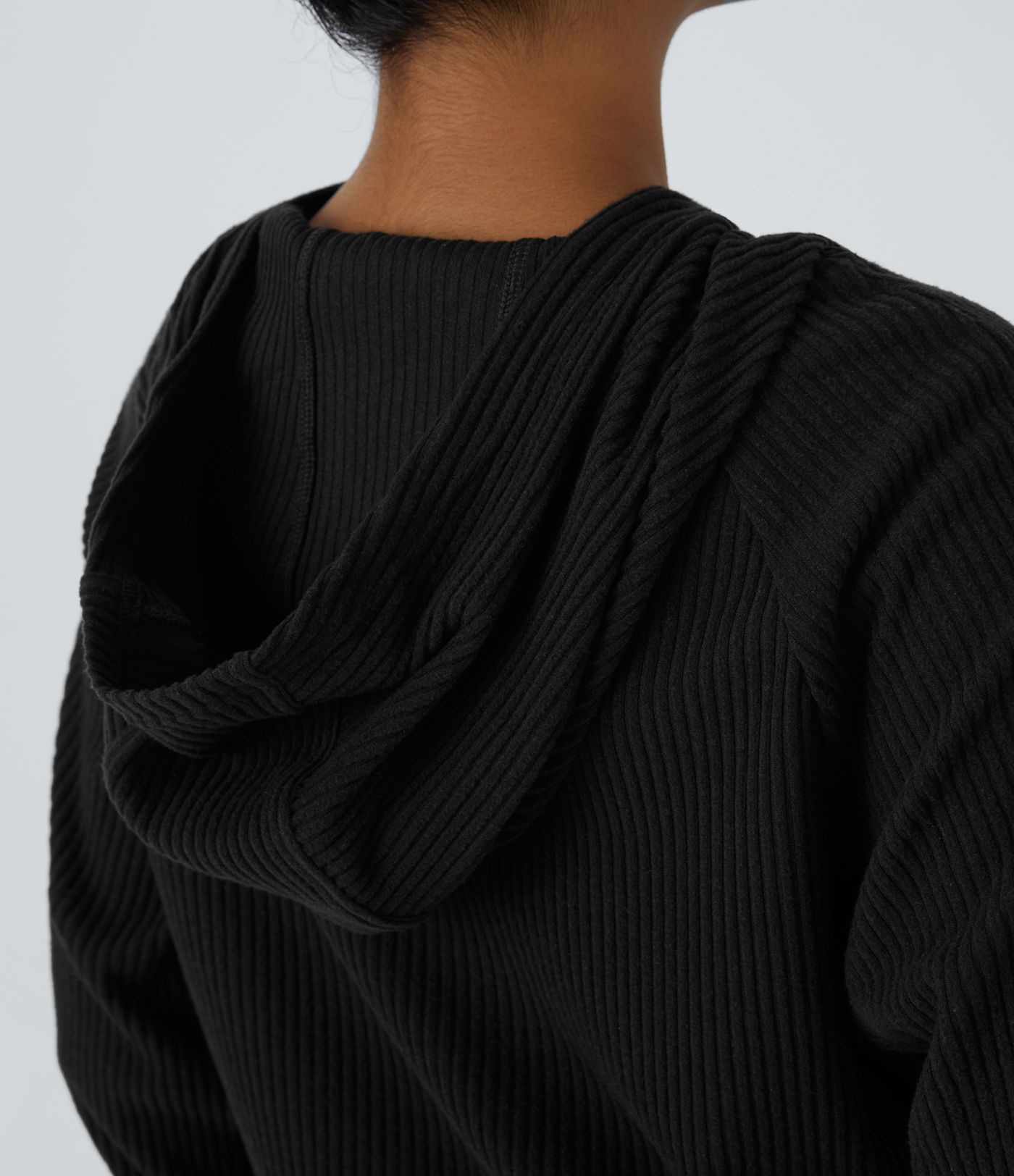 Ribbed Knit Hooded Long Sleeve Split Casual Sweatshirt