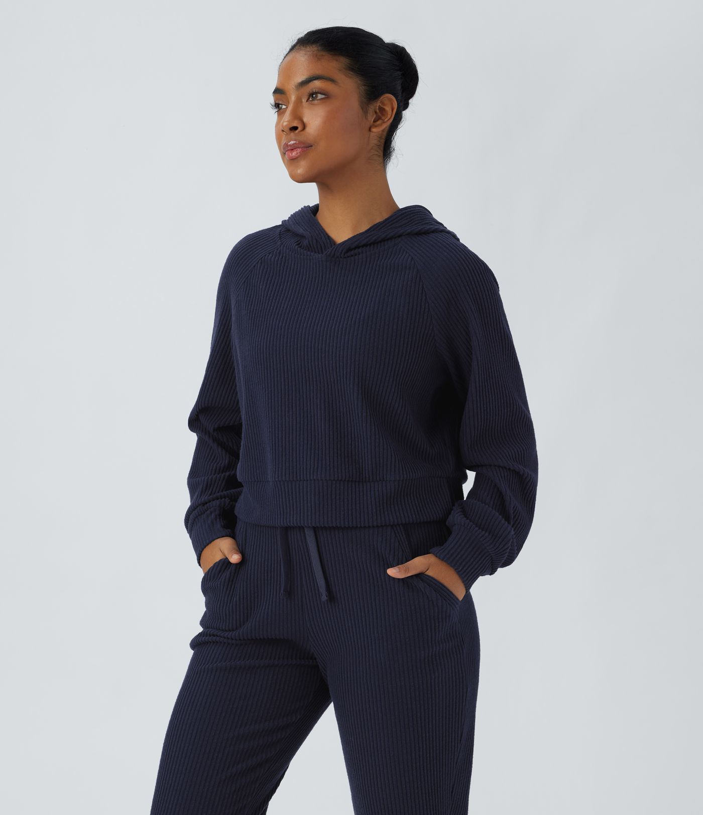 Ribbon Knit Hooded Long Sleeve Split Casual Sweatshirt