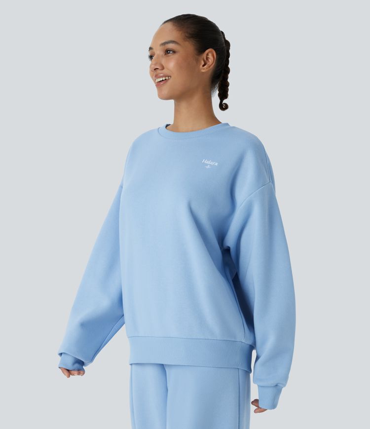 Halara Letter Embroidery Contrast Rib Oversized Fleece Casual Sweatshirt