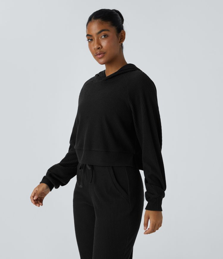 Ribbed Knit Hooded Long Sleeve Split Casual Sweatshirt