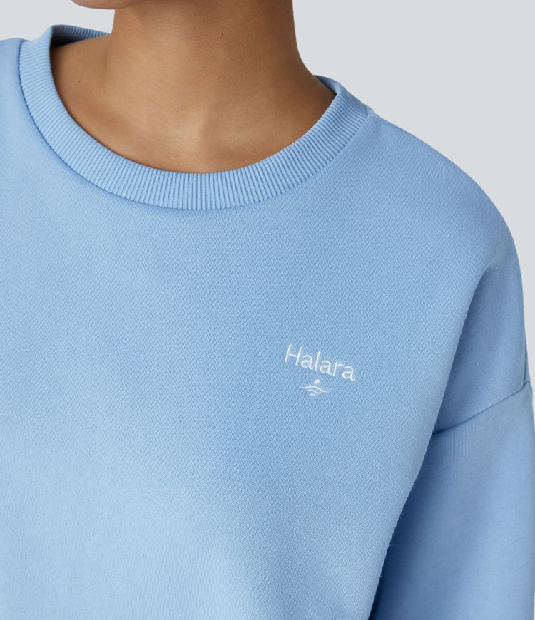 Halara Letter Embroidery Contrast Rib Oversized Fleece Casual Sweatshirt